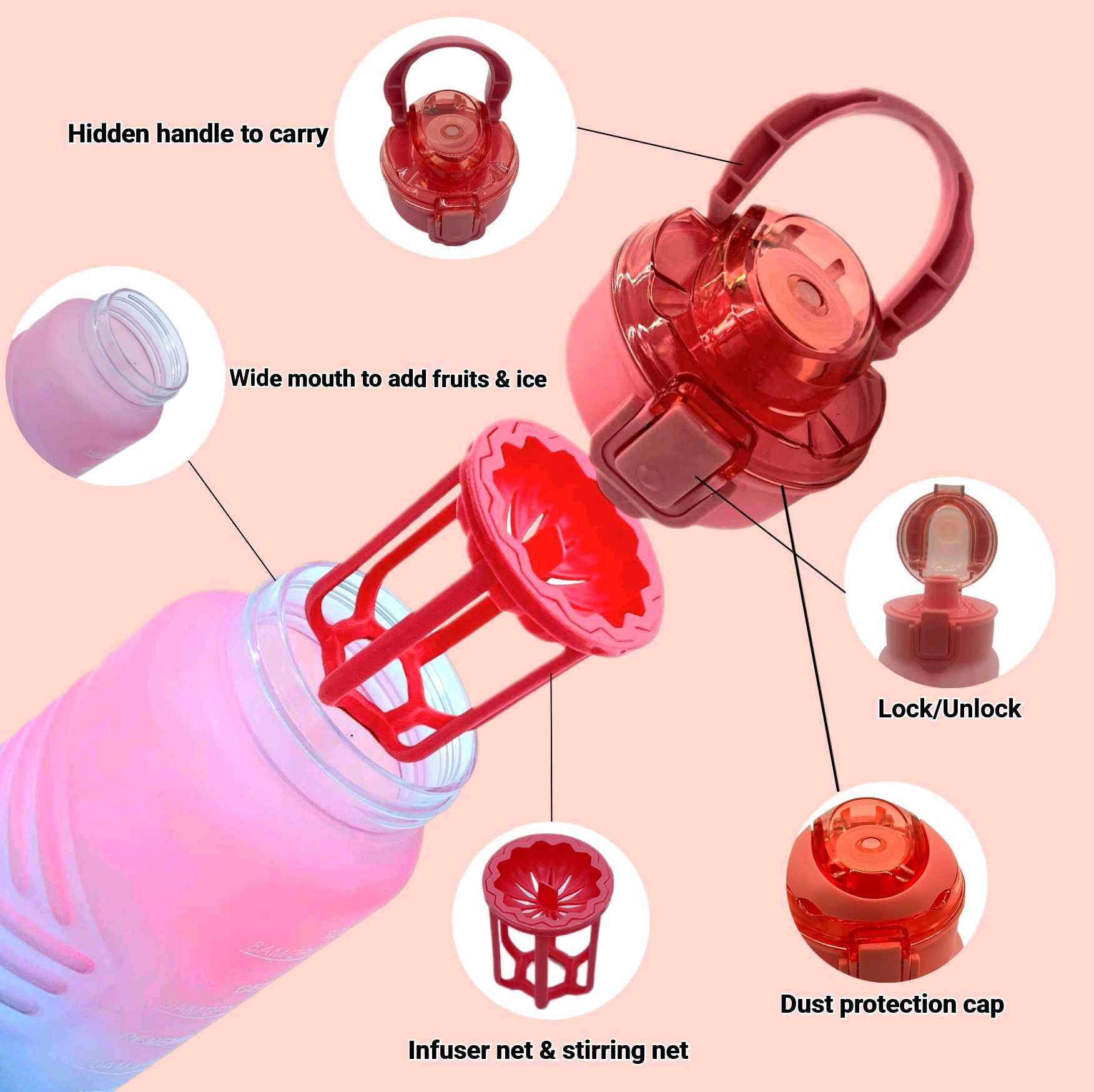 Motivational Water Bottle all colours — purple blue, grey beige, teal red, pink blue gradient with water splash
