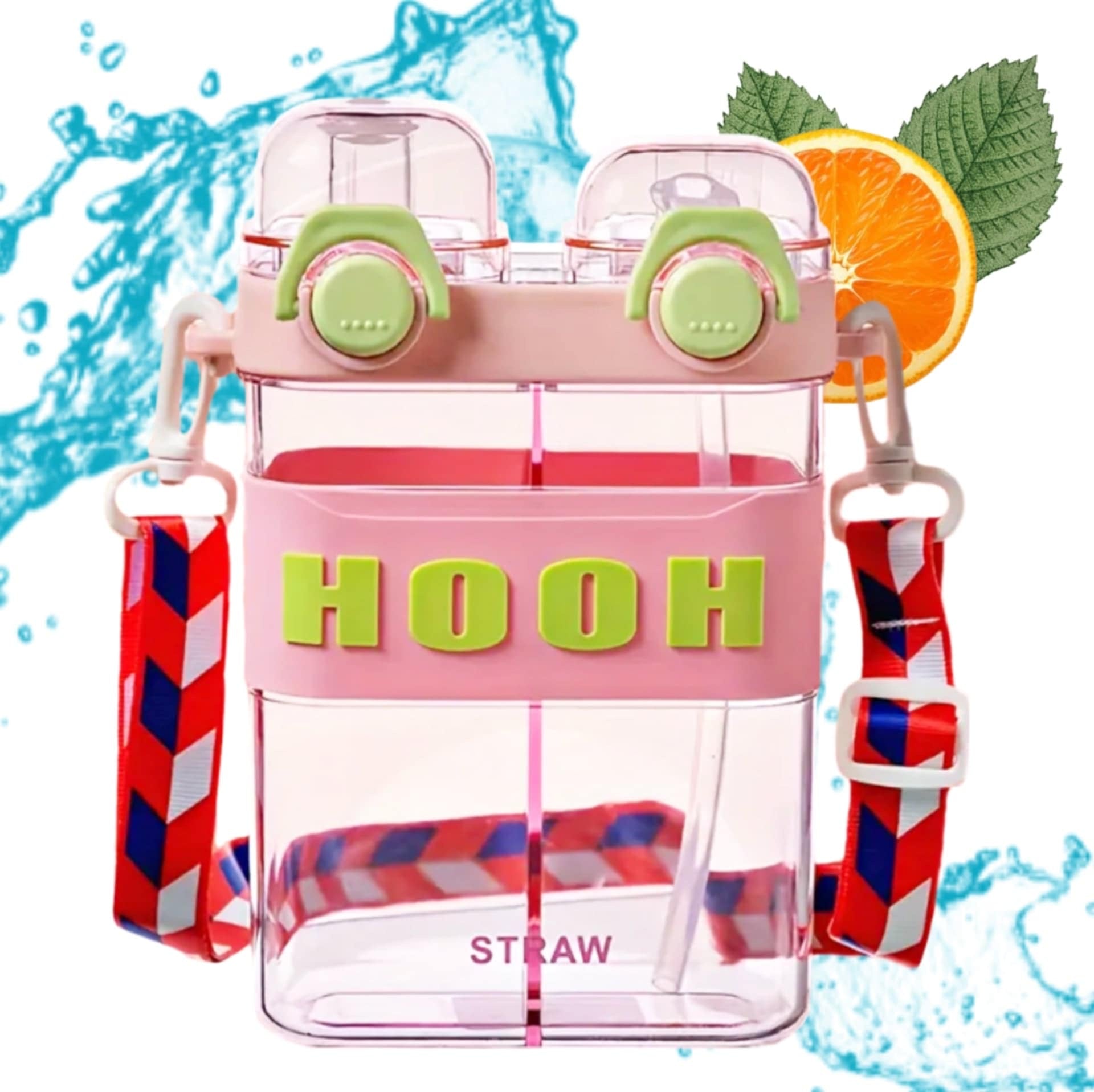 HOOH Kids Dual-Chamber Water Bottle green with crossbody strap on grass