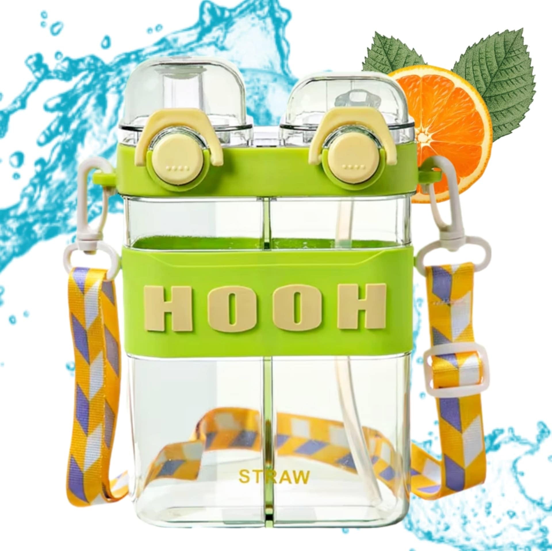 HOOH Kids Dual-Chamber Water Bottle features: BPA-free, leak-proof, freezer safe, transparent, dust resistant