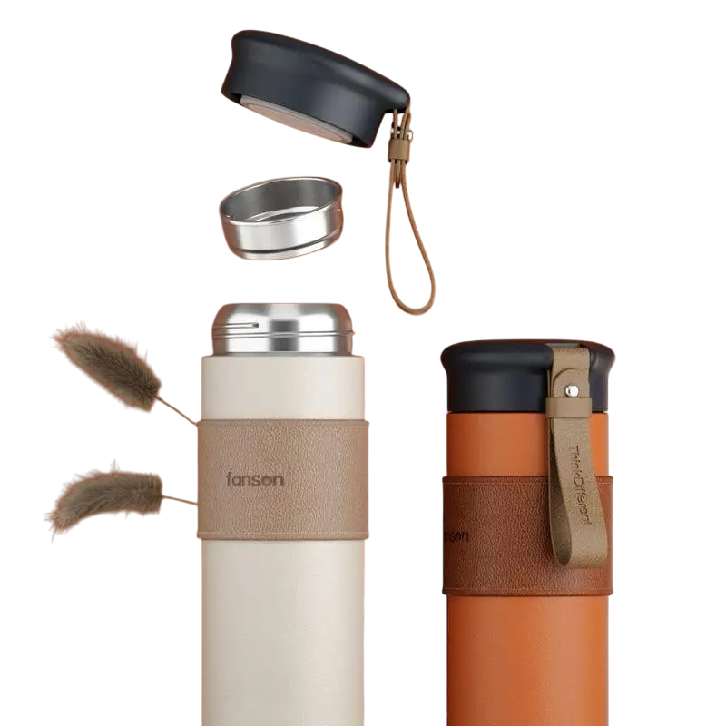 Fanson Thermos with Leather Strap 450ml – Stylish Insulated Travel Bottle