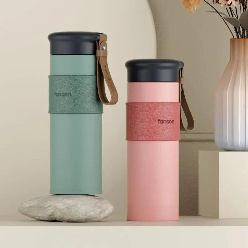 Fanson Thermos with Leather Strap 450ml – Stylish Insulated Travel Bottle
