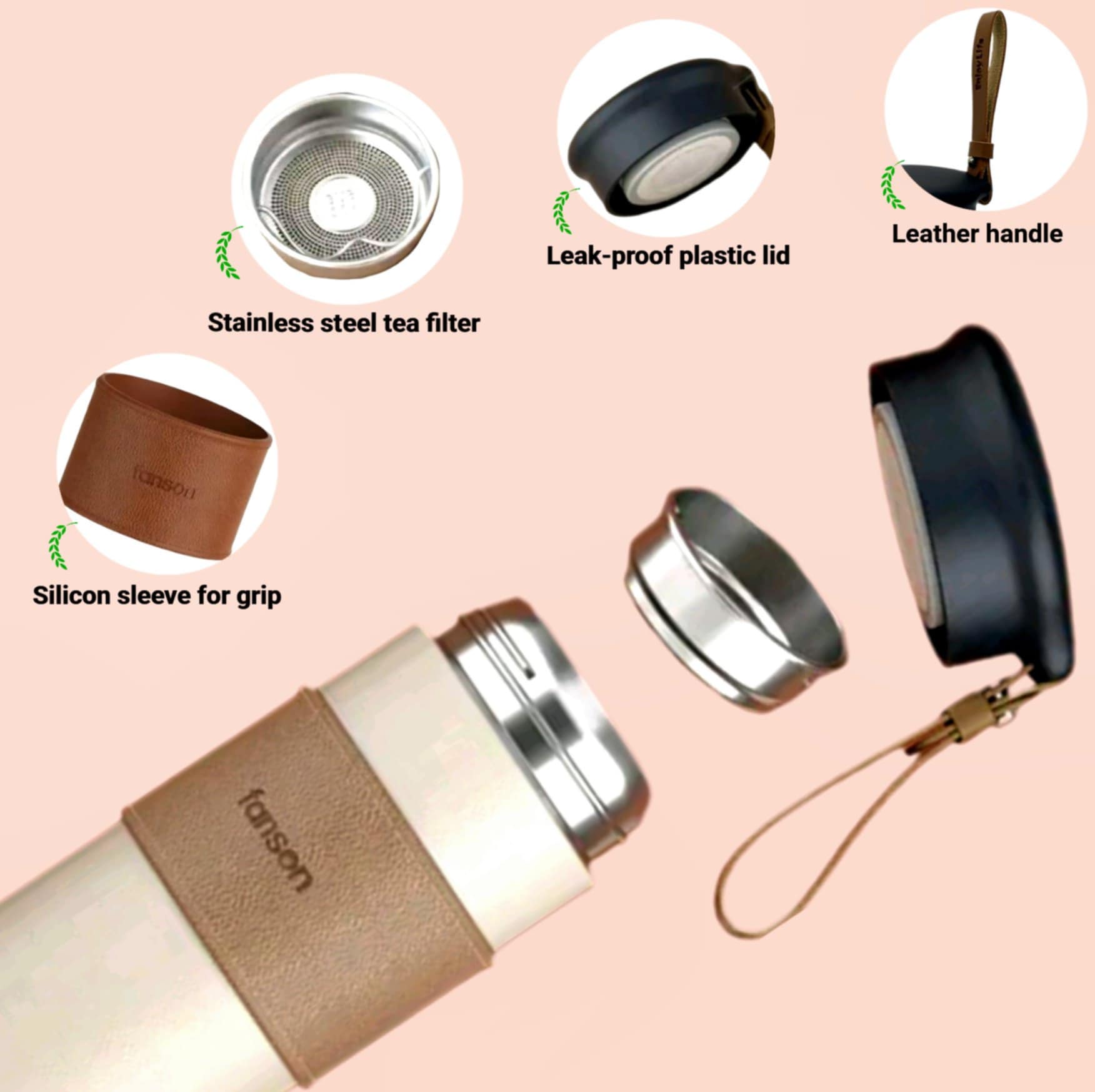 Fanson Thermos with Leather Strap 450ml – Stylish Insulated Travel Bottle