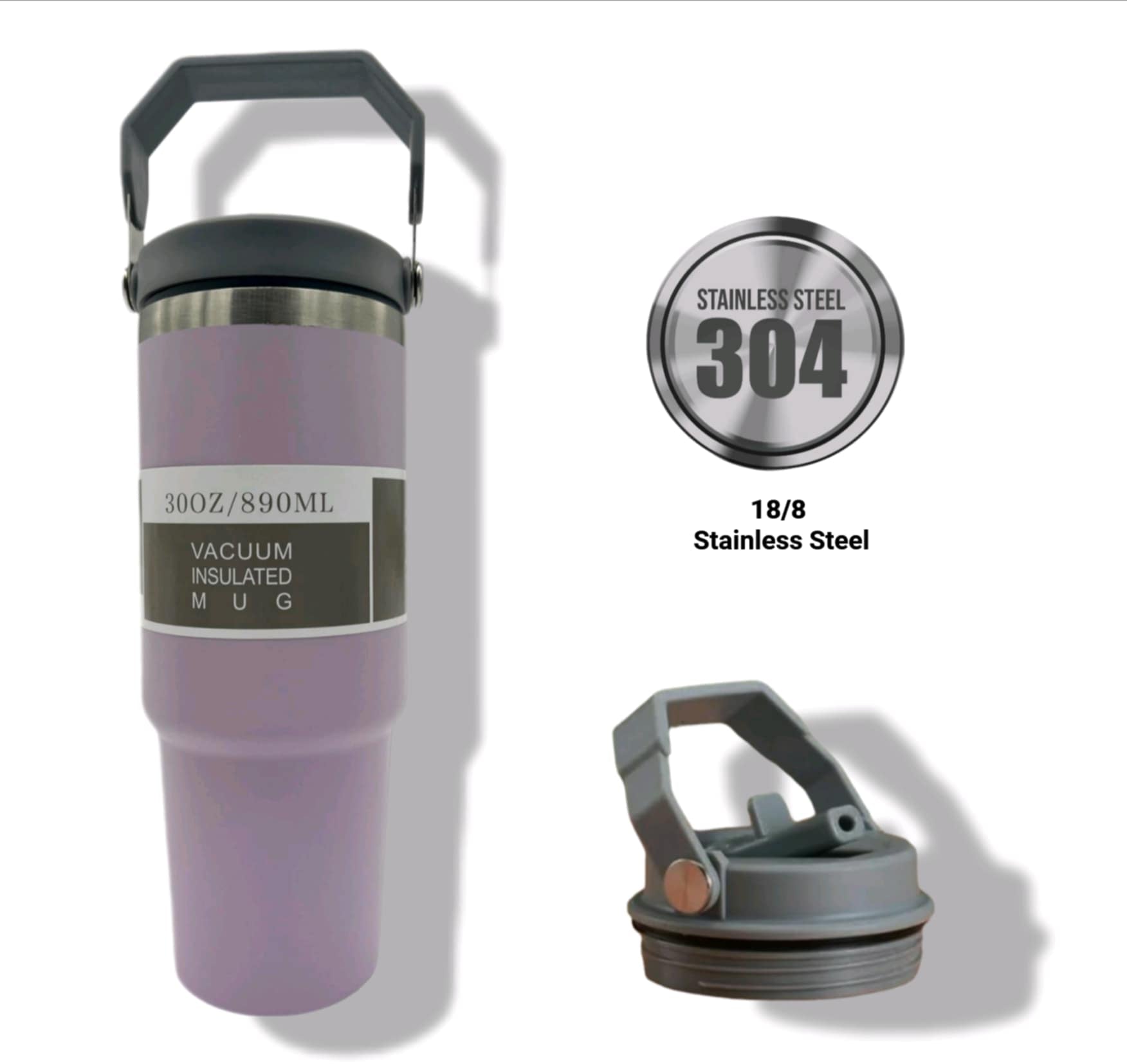 30oz Vacuum Insulated Mug lilac — 304 stainless steel with carry handle and flip straw lid