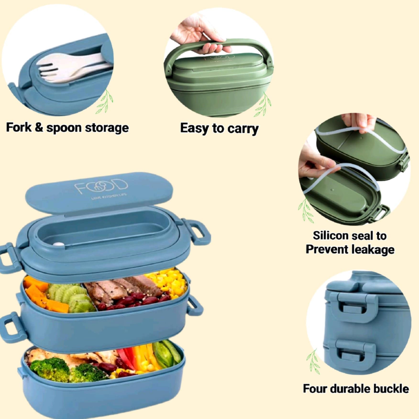 Stackable lunch box in steel blue colour