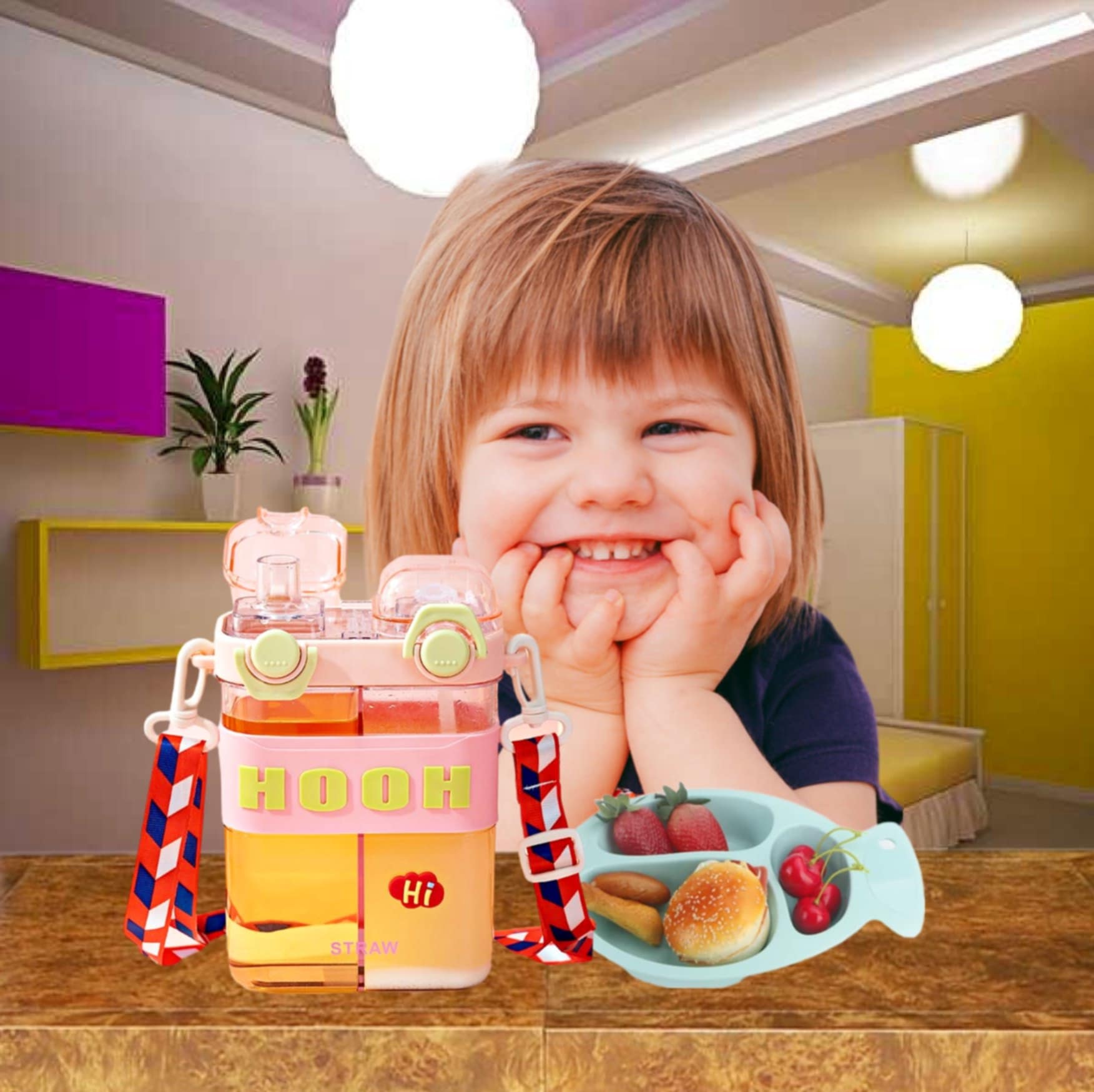 HOOH Kids Dual-Chamber Water Bottle pink with crossbody strap