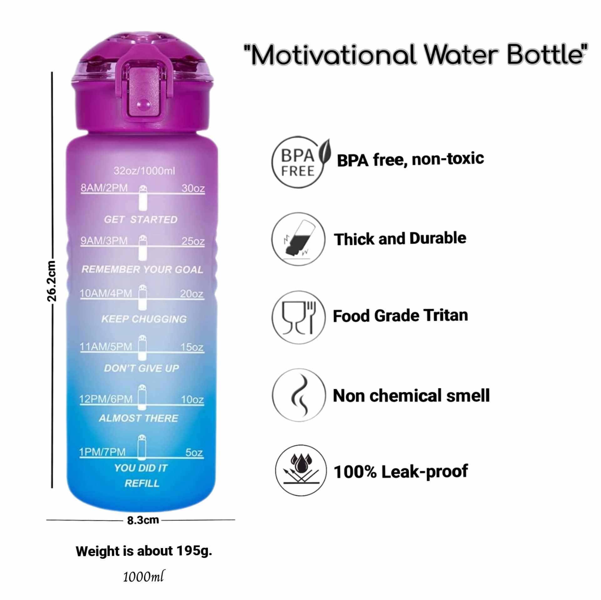 Motivational Water Bottle grey beige gradient — front and back view with time markers