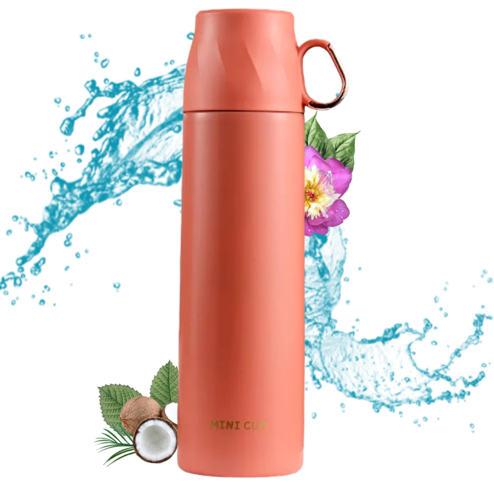 Mini Cup Thermos Flask black lifestyle shot with water splash and flowers