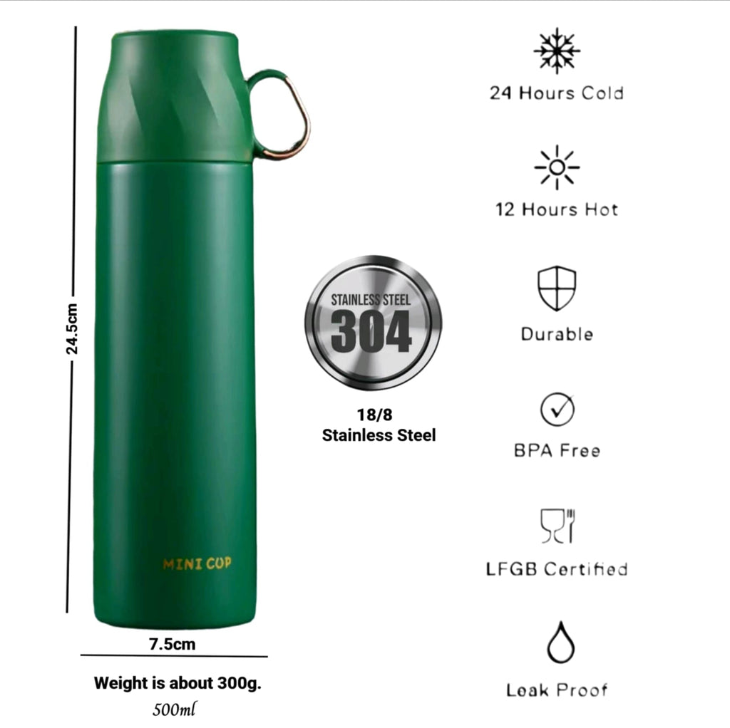 Mini Cup Thermos Flask all colours — coral, cream, forest green, black with carabiner lids