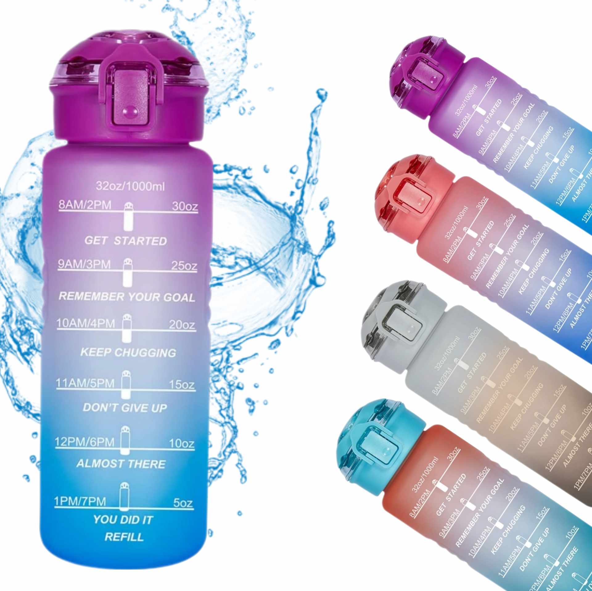 Motivational Water Bottle purple blue gradient — clean product shot with time markers