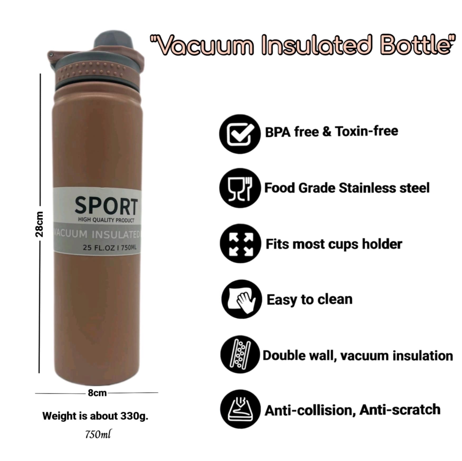 Sport Vacuum Insulated Water Bottle 750ml — Wide Mouth with Carry Handle