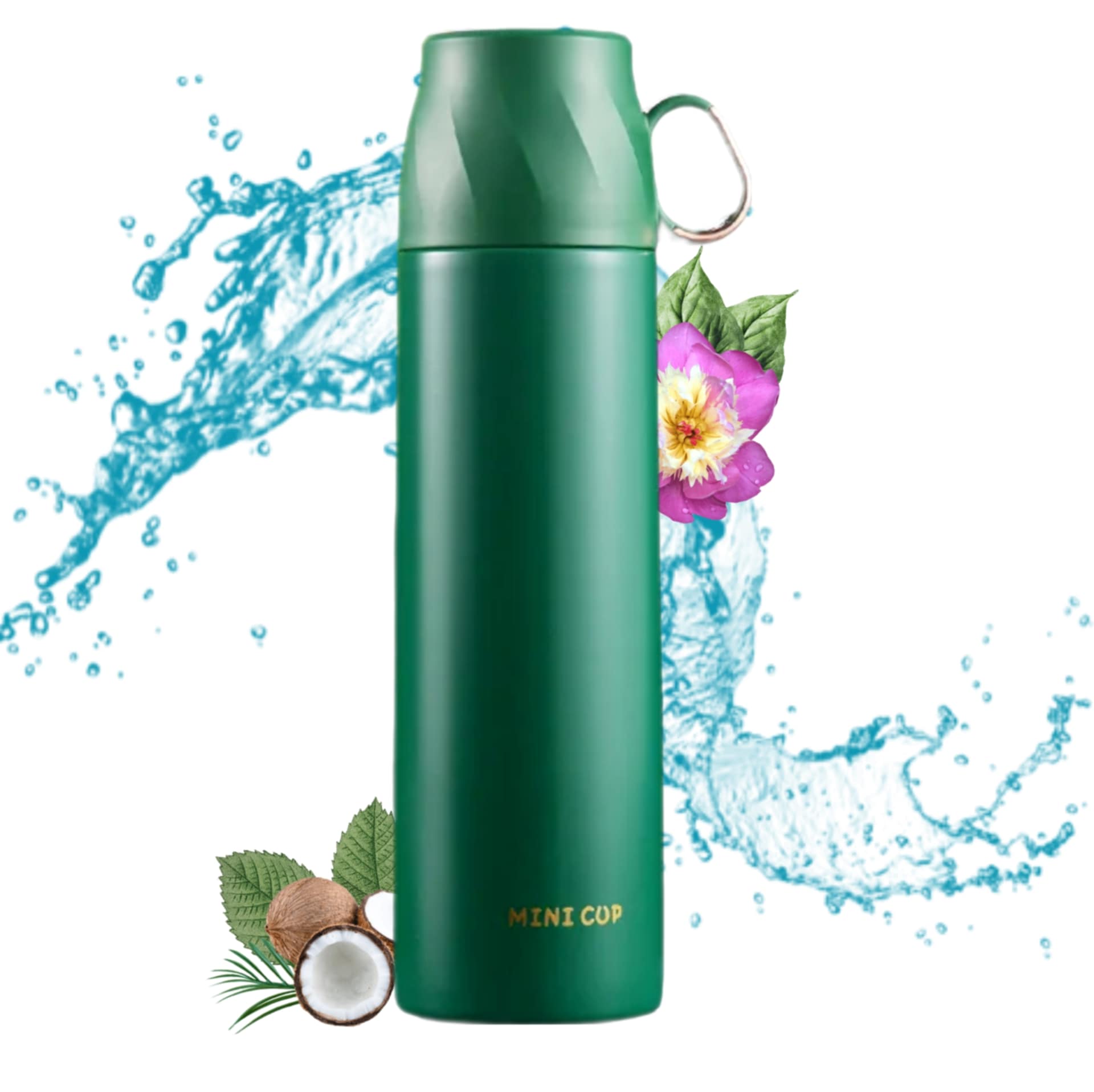 Mini Cup Thermos Flask coral close-up product shot showing matte finish and carabiner