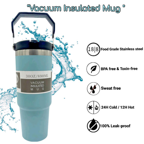 30oz Vacuum Insulated Mug pink close-up — carry handle detail and 18/8 stainless steel badge