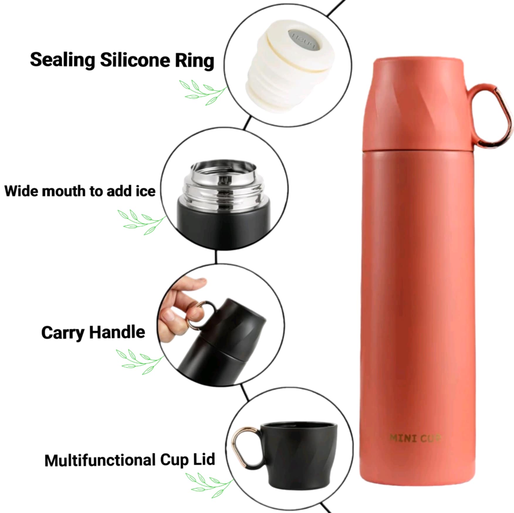 Mini Cup Thermos Flask coral orange lifestyle shot with water splash and flowers