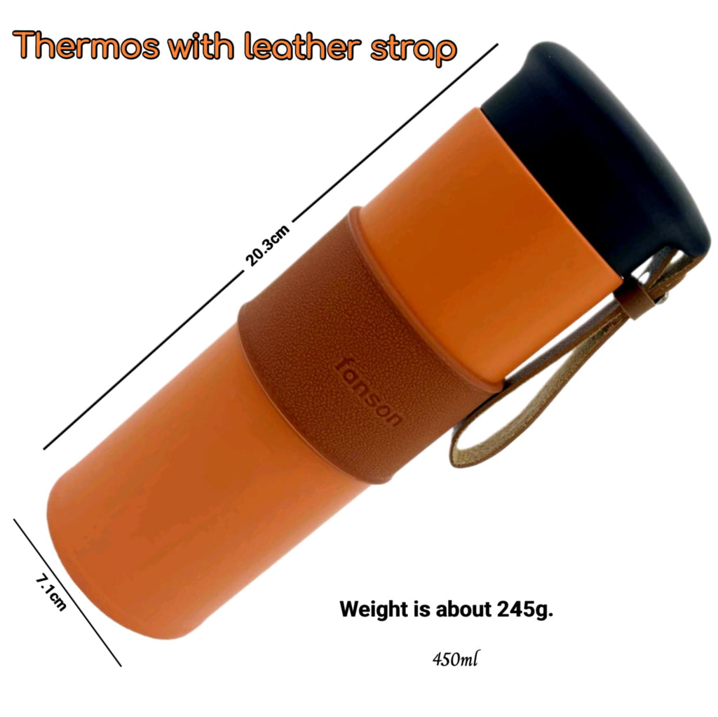 Fanson Thermos with Leather Strap 450ml – Stylish Insulated Travel Bottle