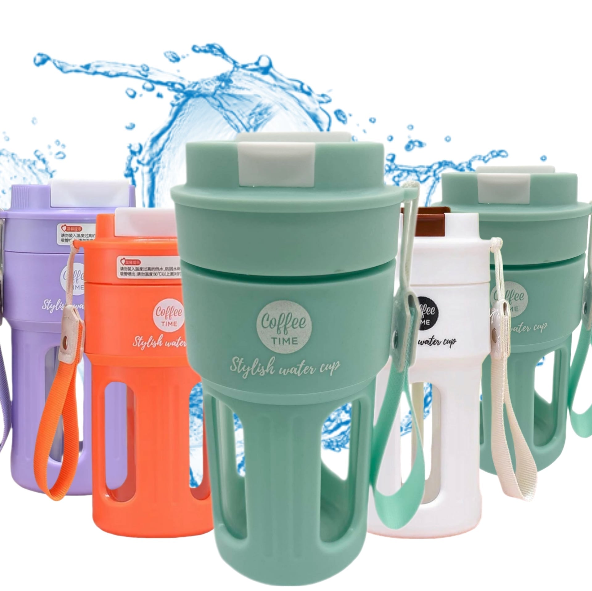 Coffee Time Stylish Water Cup — Dual Lid with Straw & Wide Mouth