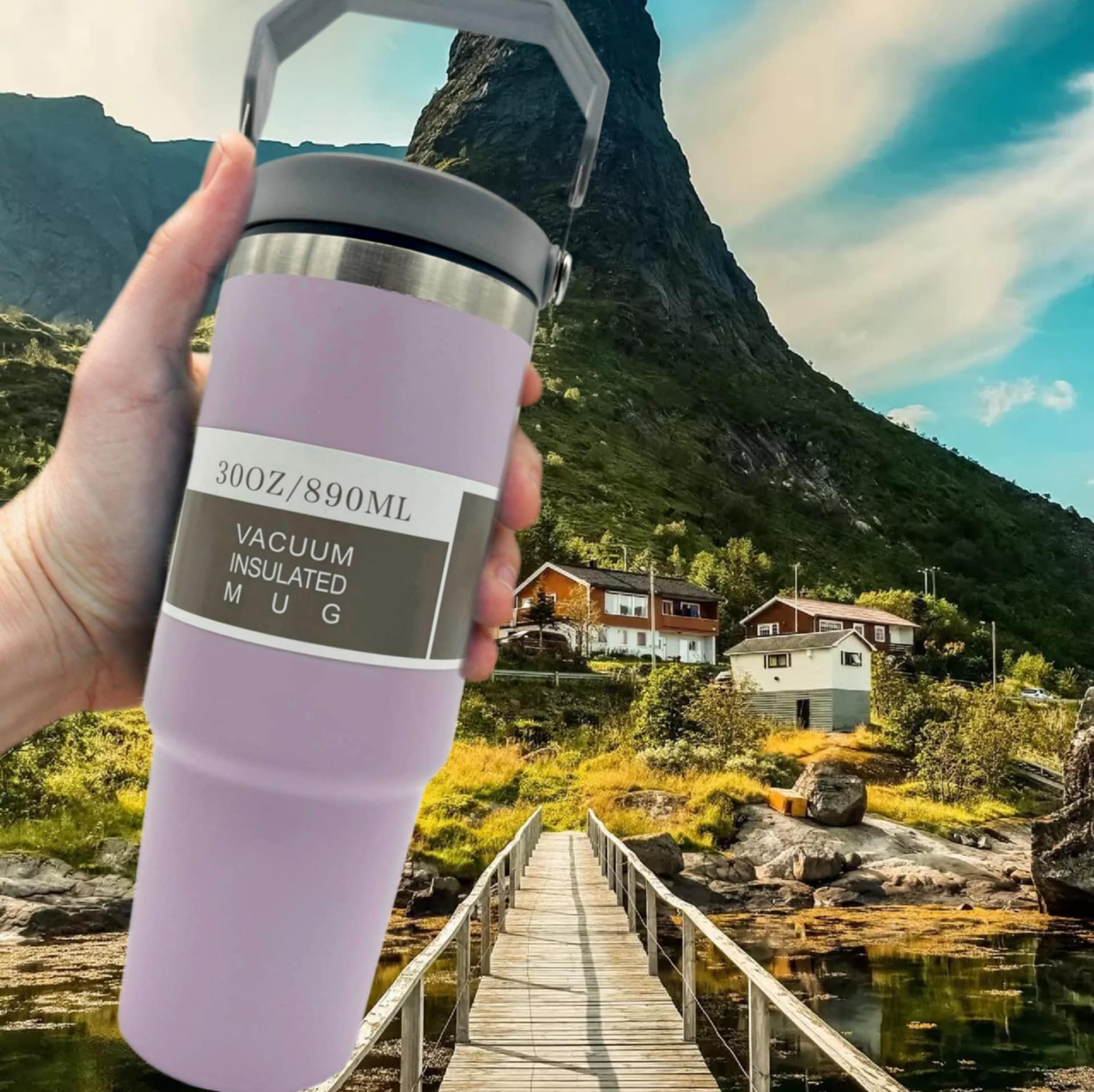 30oz Vacuum Insulated Mug lilac close-up — carry handle detail and 18/8 stainless steel badge