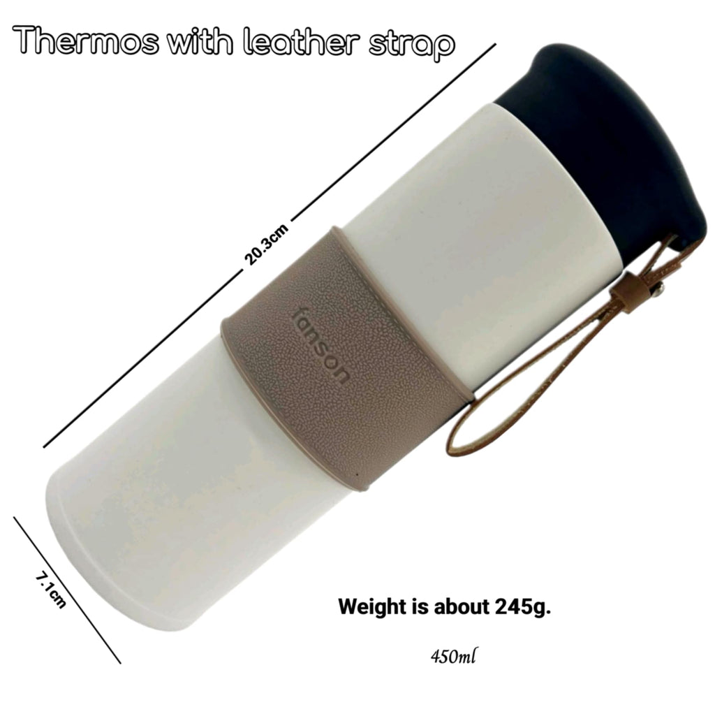 Fanson Thermos with Leather Strap 450ml – Stylish Insulated Travel Bottle