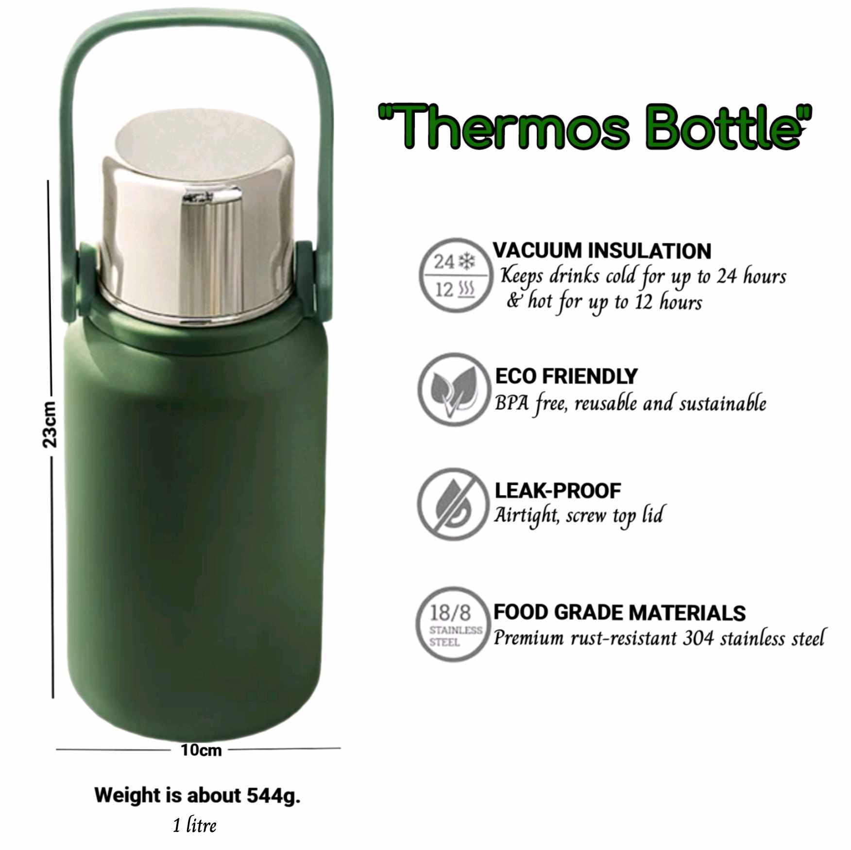 Insulated Thermos Bottle 1L – Keep Drinks Hot or Cold All Day