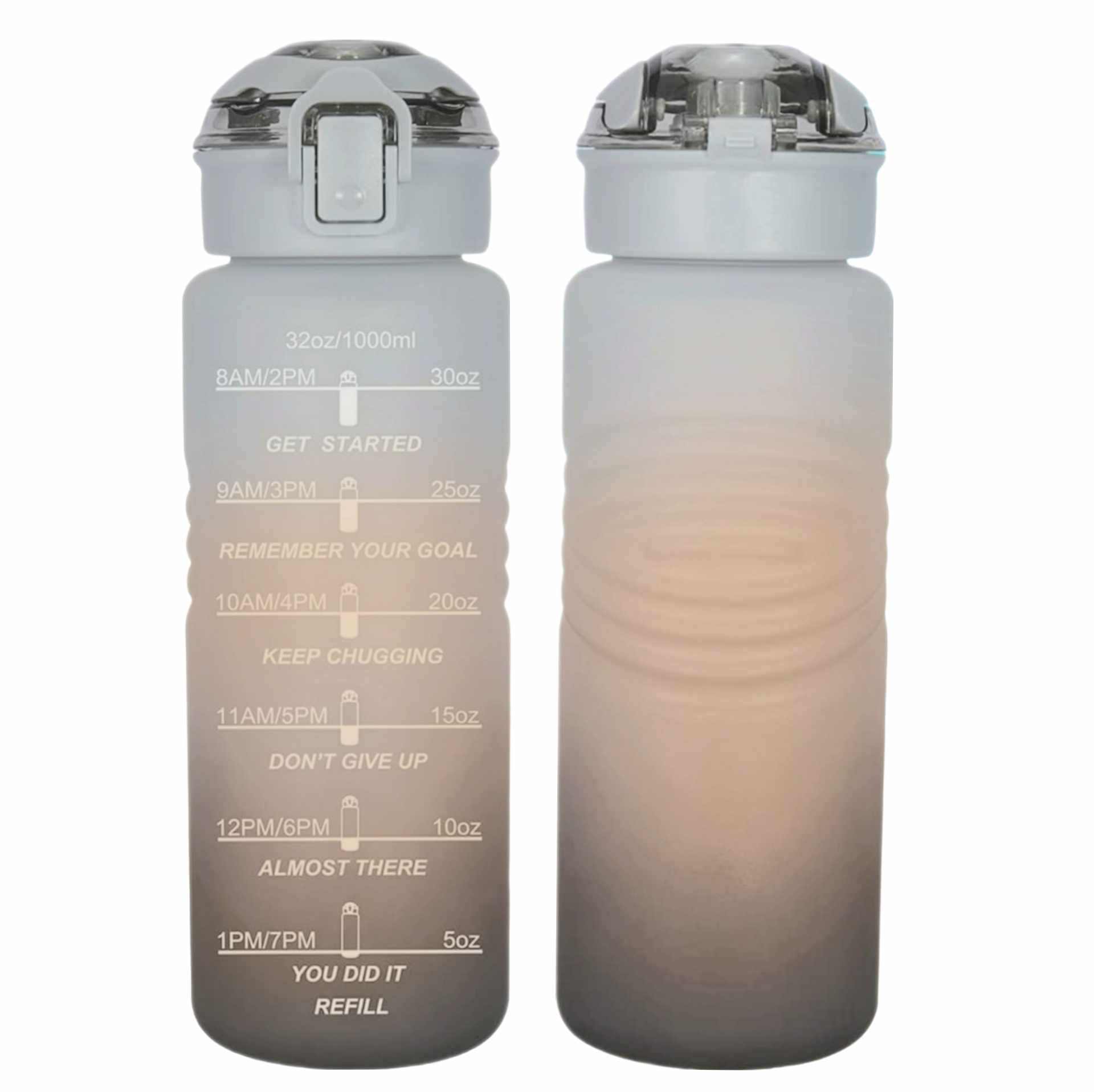 Motivational Water Bottle teal red gradient — front and back view with time markers