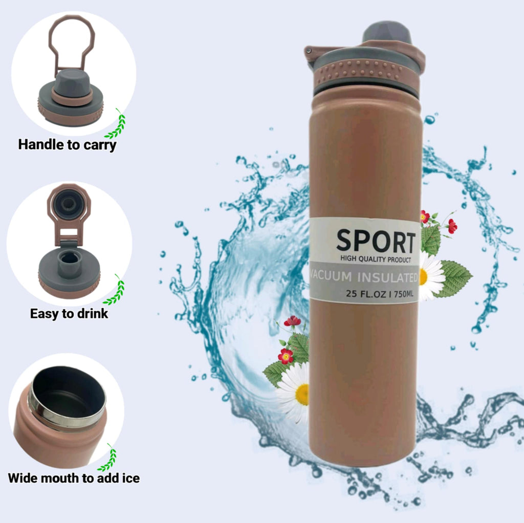 Sport Vacuum Insulated Water Bottle 750ml — Wide Mouth with Carry Handle
