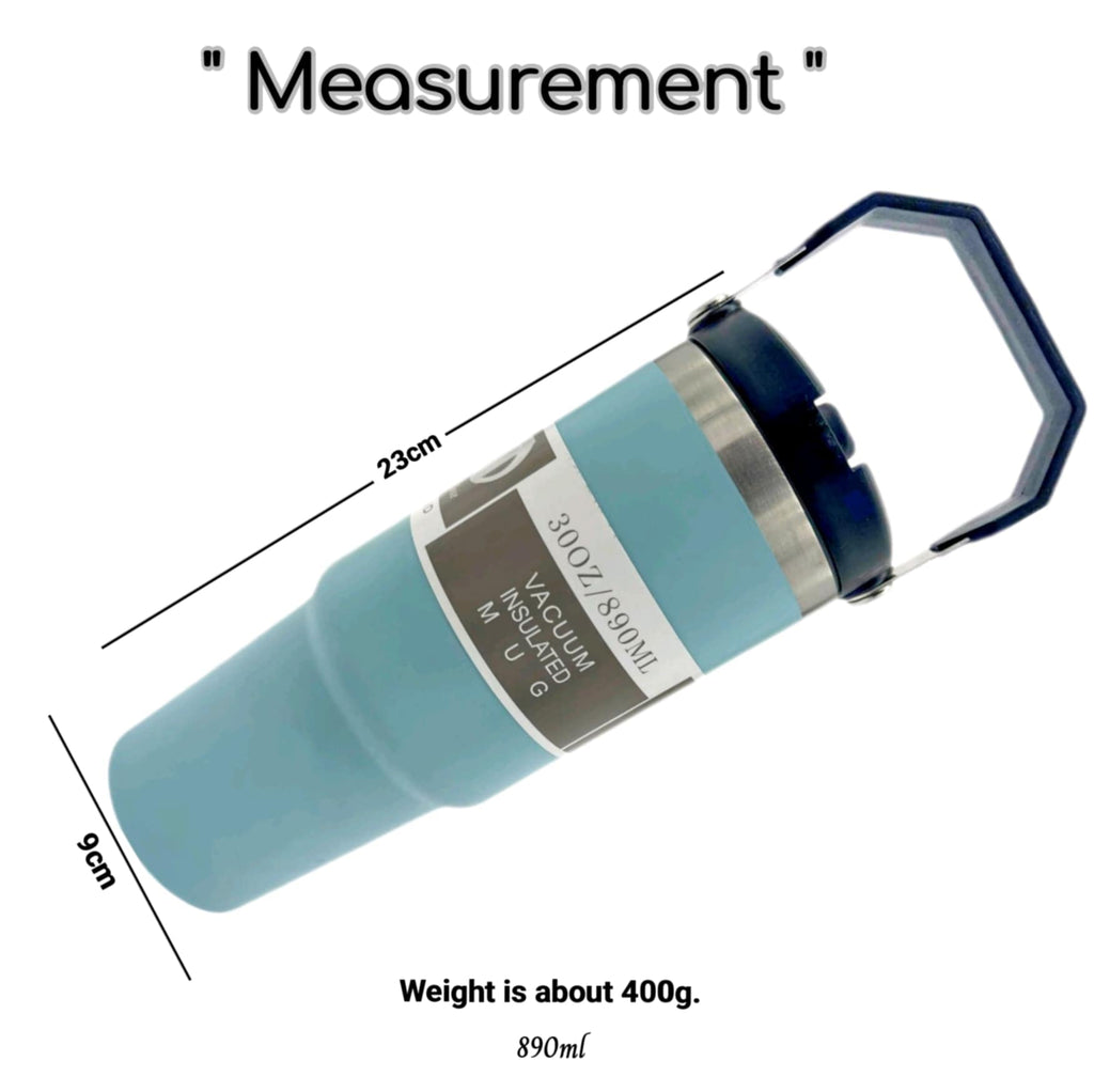 30oz Vacuum Insulated Mug measurement diagram — 23cm height, 9cm width, 400g, light blue