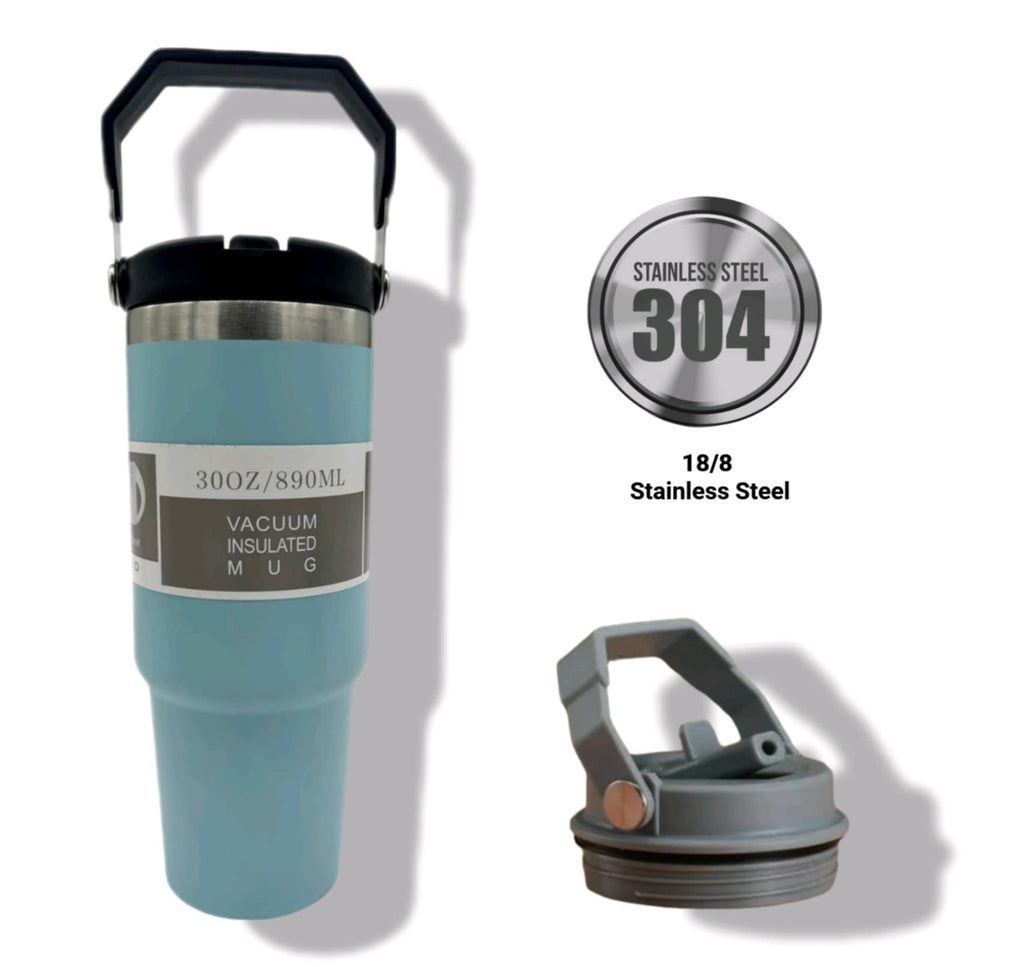 30oz Vacuum Insulated Mug beige — 304 stainless steel with carry handle and flip straw lid
