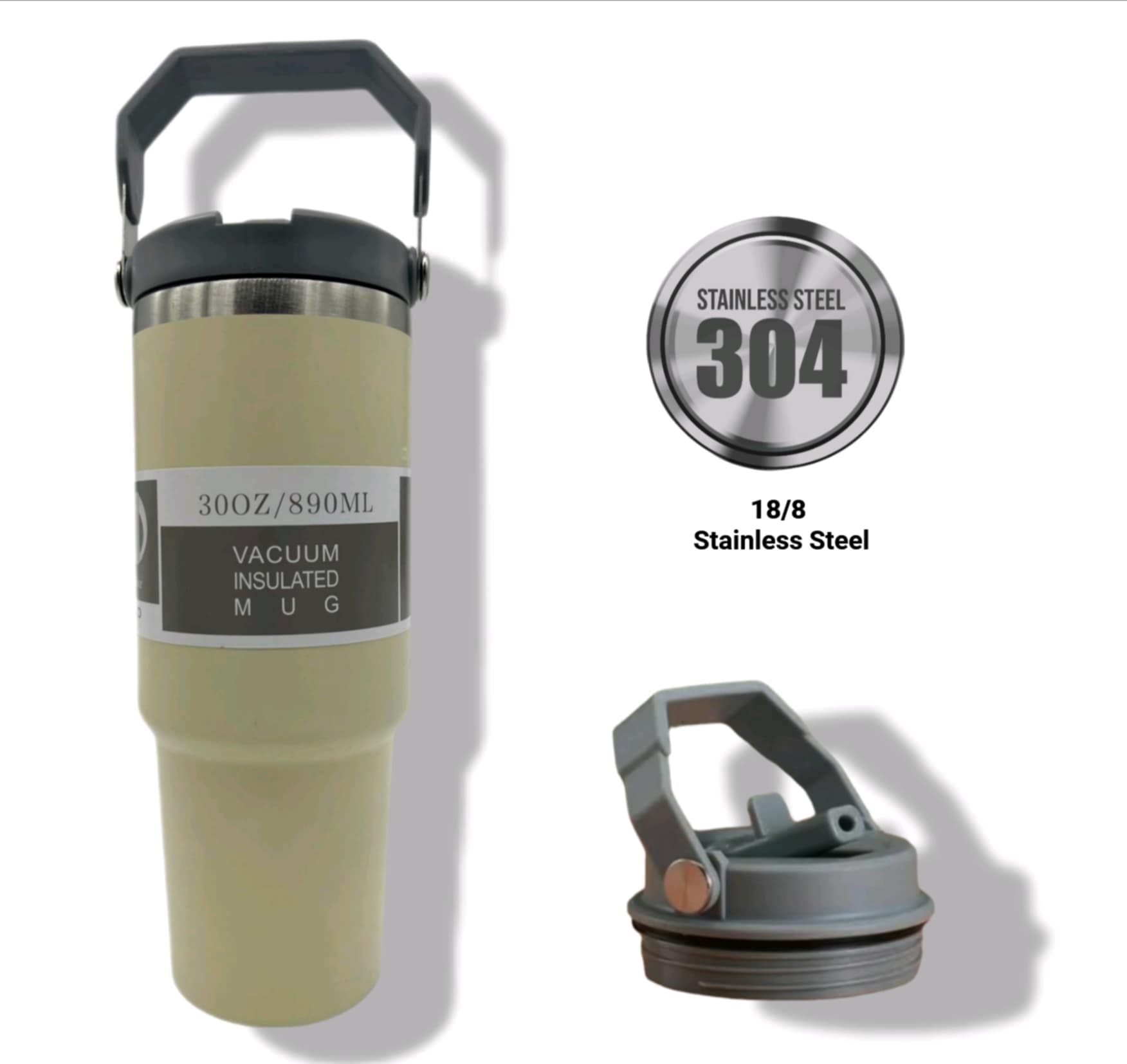 30oz Vacuum Insulated Mug navy — 304 stainless steel with carry handle and flip straw lid