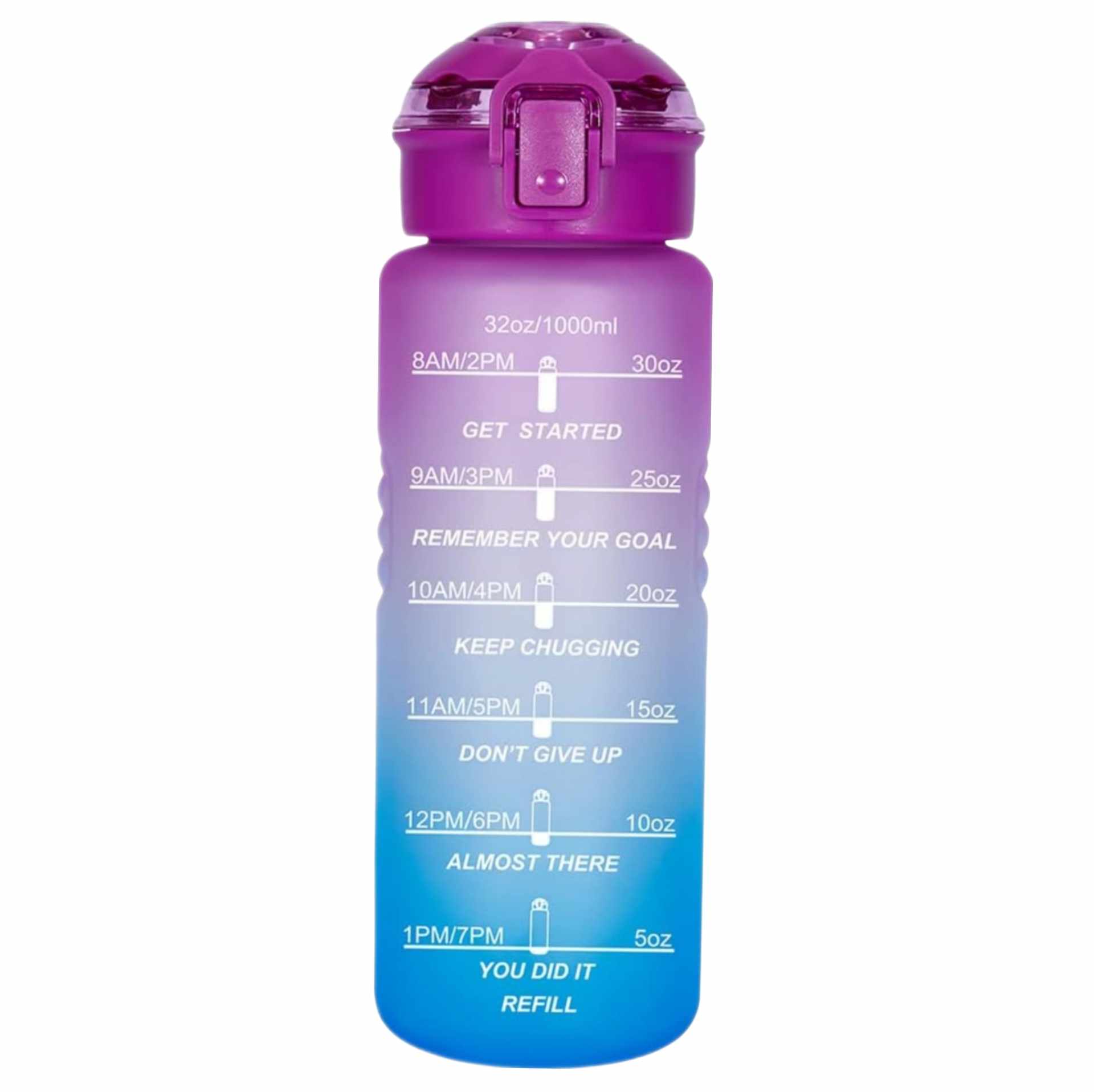 Motivational Water Bottle pink blue gradient — front and back view with time markers