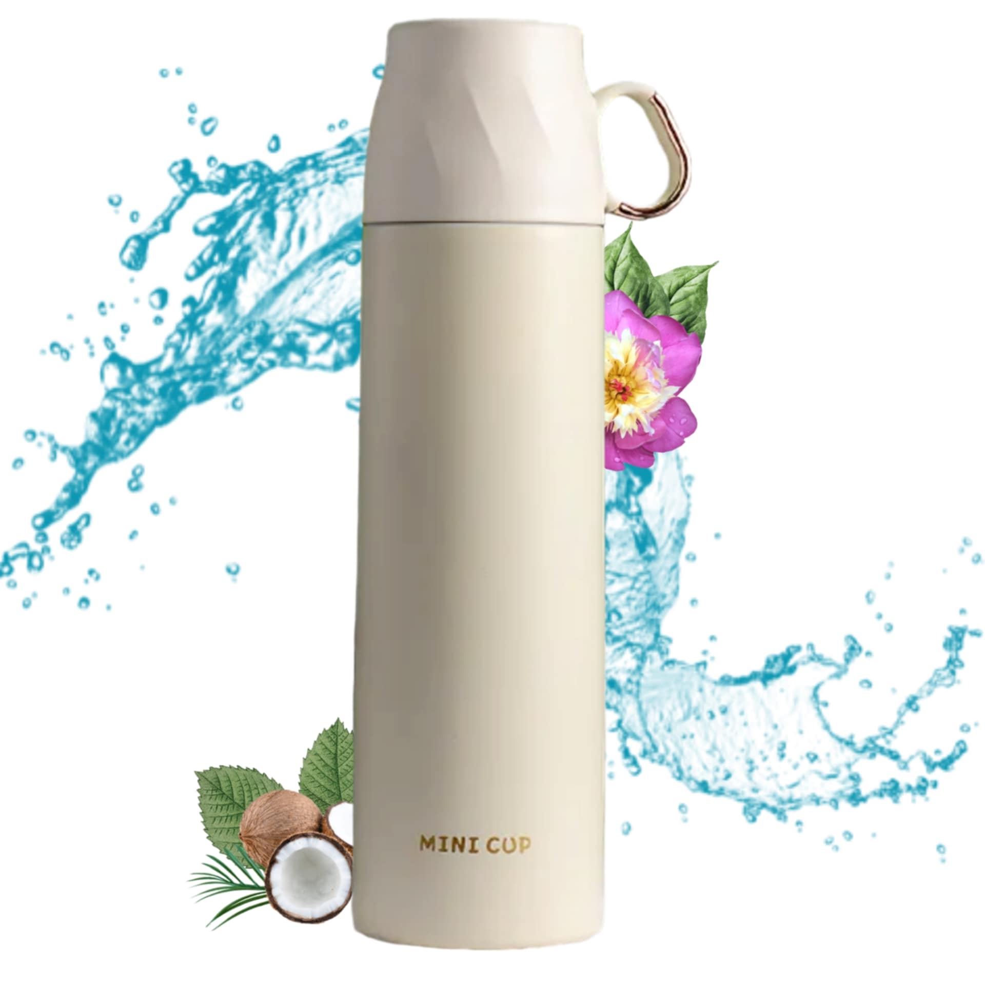 Mini Cup Thermos Flask forest green lifestyle shot with water splash and flowers