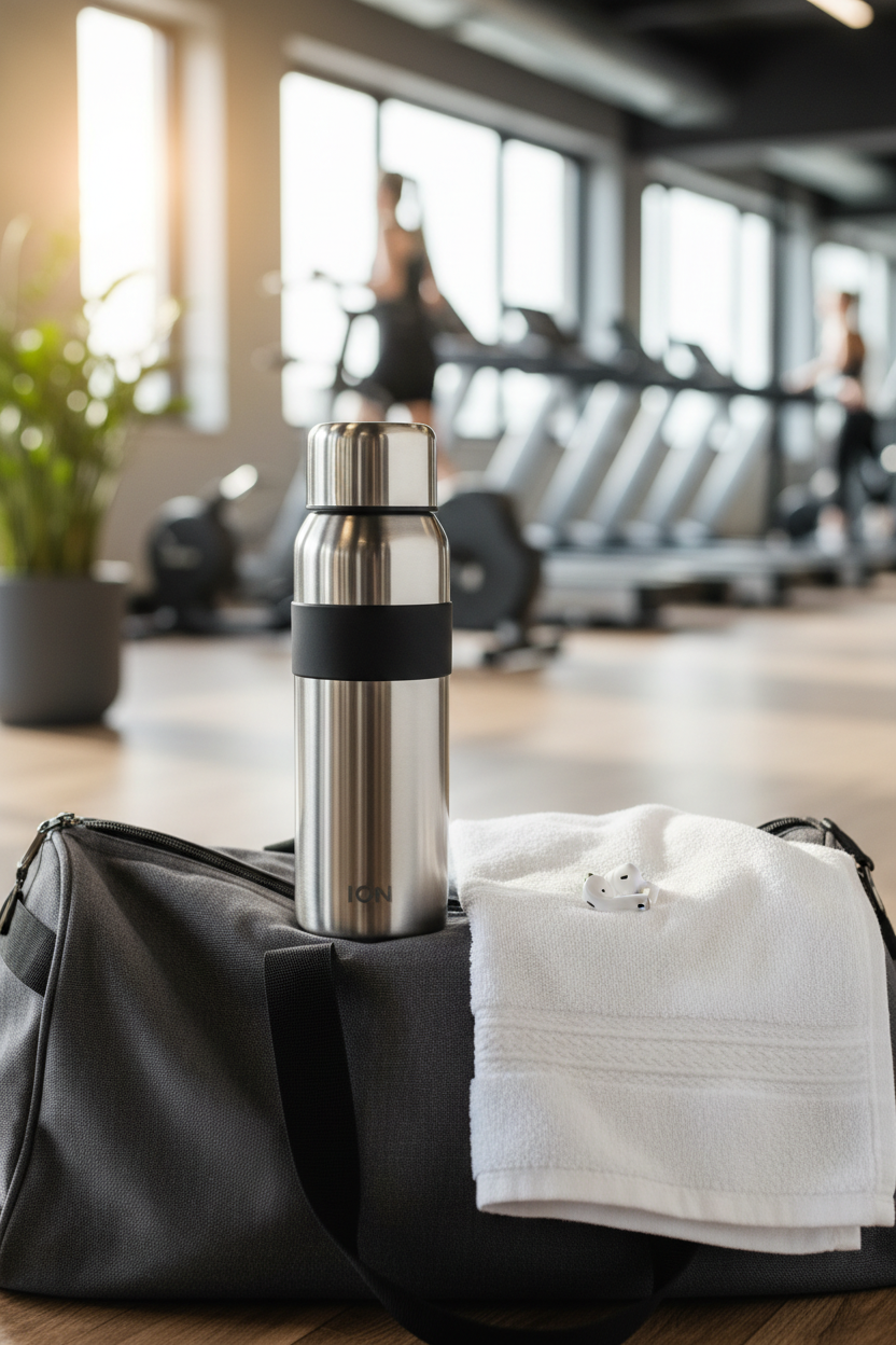 Insulated Thermos Bottle 1L lifestyle photo - gym bag setting