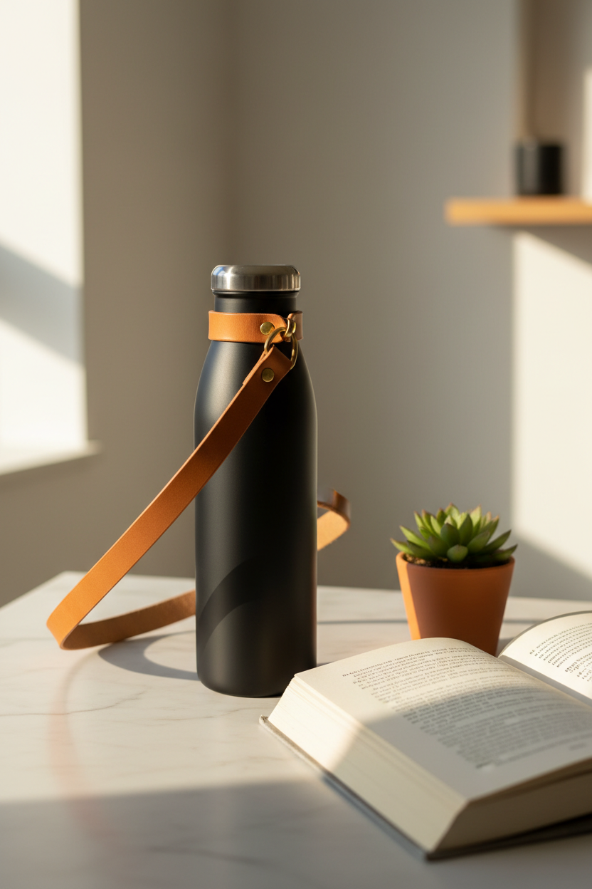 Fanson Thermos with Leather Strap lifestyle photo - marble desk morning light